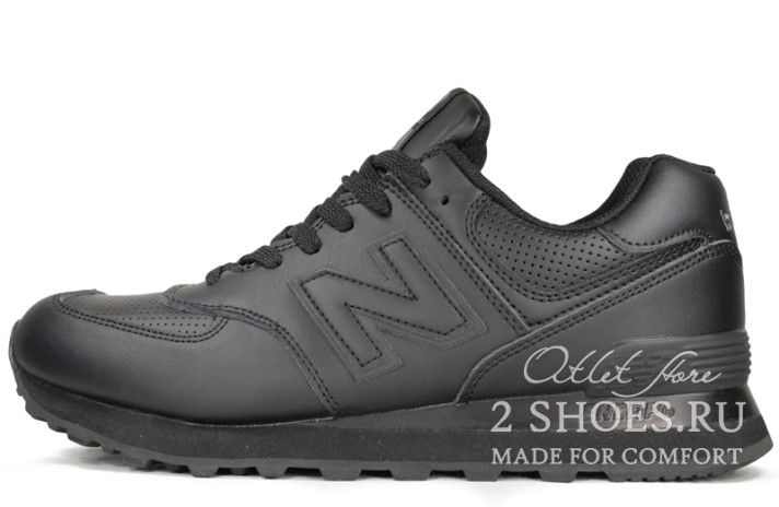 Кроссовки New Balance 574 Black Leather Perforation  черные, кожаные